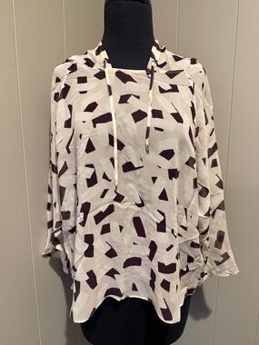 B38 TOWNSEN Women’s Large Cream Sheer Hoodie with Dark Brown Abstract Print